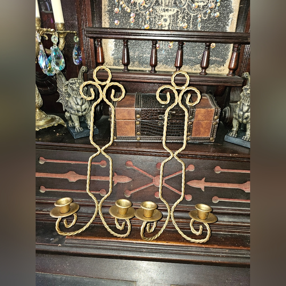 Set pair HOme Interiors VINTAGE METAL gold color Twisted sconces candle holders
